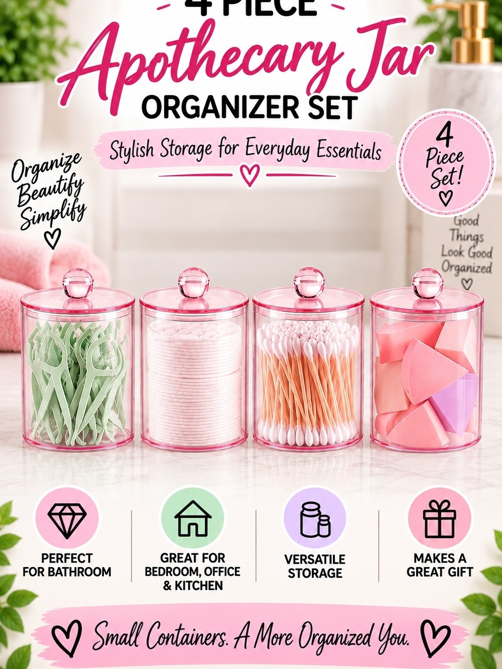 4-Piece EUC Preloved Pink Apothecary Jar Organizer Set (8 Total Pieces)